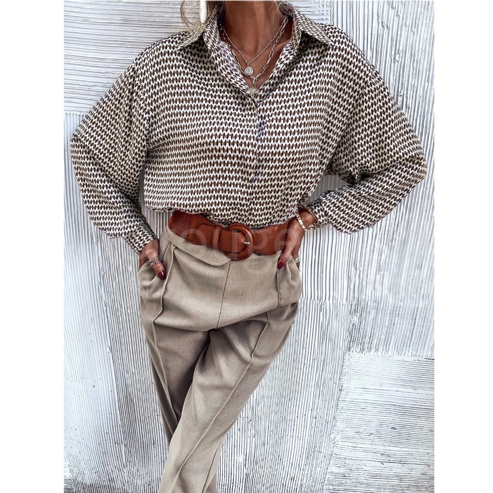 Satin All Over Print Button Down Shirt Oversized Tan Beige Brown Multicolor - Picture 5 of 16